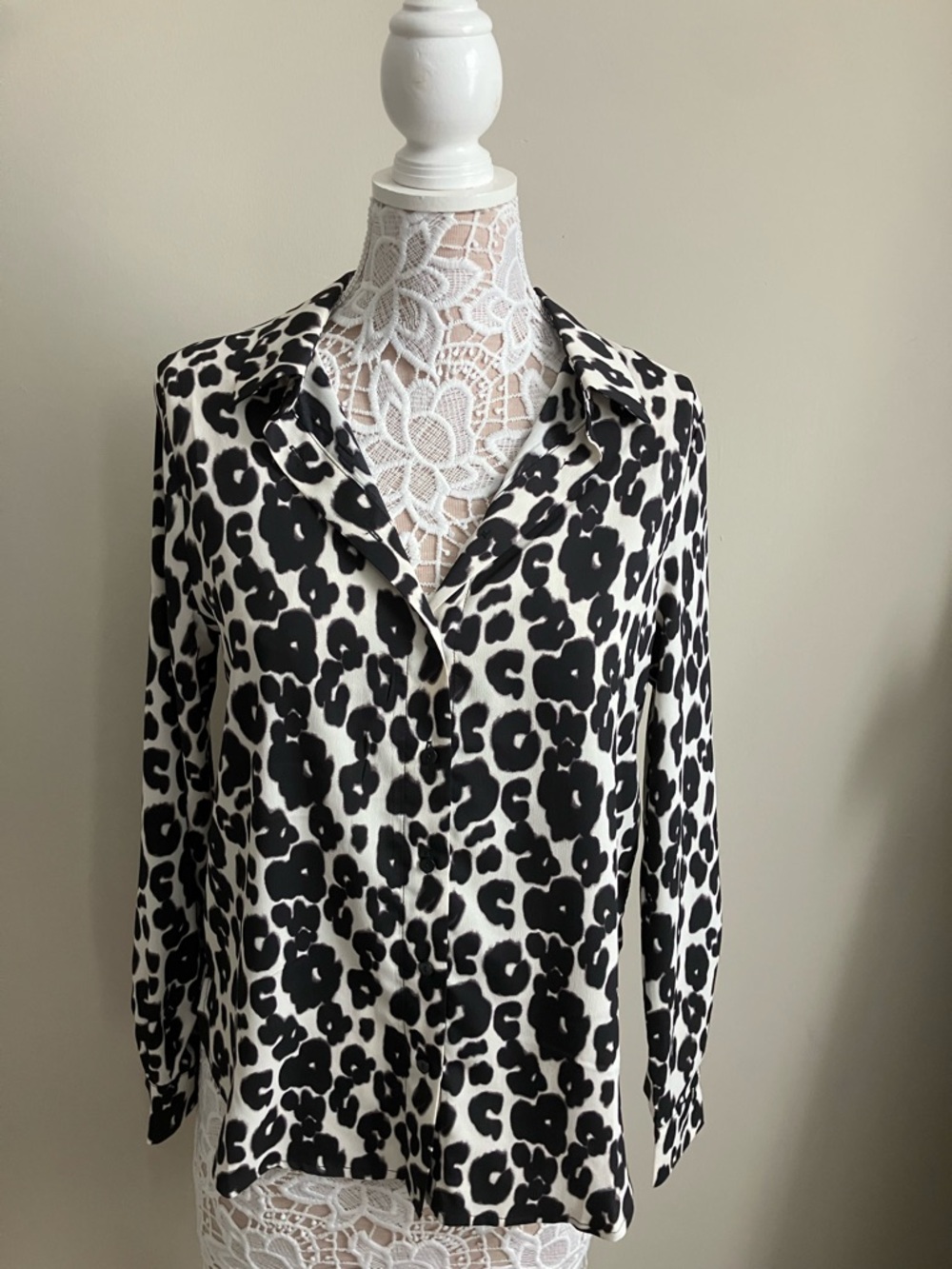 Black and White Leopard Print Button-Down Blouse